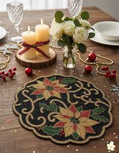 Set de table en tissu en forme de fleur de Noël, design perlé, antidérapant, réglable, léger, diamètre 450 mm, luxe, écologique, fait main - Product Image 2