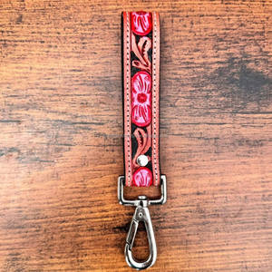 Hand <b>Tooled</b> Leather Pink Floral Small Wristlet Keychain Western-Style Genuine Leather Key Fob Custom Cowhide Key <b>Clips</b> for Women - Product Image 2