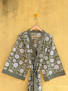 Robes kimono en coton imprimé ethnique, manches courtes, col en V, longueur intégrale, motif floral, vêtements décontractés d'été - Product Image 3