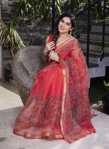 Sari en polyester imprimé Kota Doria pour femme KV avec impression numérique et motif en relief – En stock - Product Image 1