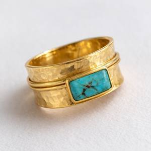 Anillo Giratorio de Banda Ancha con Constelación Budista Tibetana Tradicional, Hecho a Mano, Chapado en Oro de 18K, con Piedra Turquesa de Corte Esmeralda, para Mujer - Product Image 1