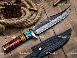Cuchillo de Caza Profesional de Acero de Damasco y Acero al Carbono, Punta Caída, Mango de Cuero, Supervivencia al Aire Libre, Multifunción, Bricolaje - Product Image 3