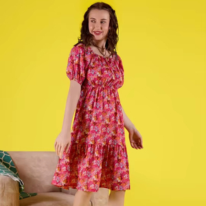 Robe longue formelle en georgette la plus vendue pour femme, à manches courtes, imprimé floral, épaules dénudées, manches évasées, coupe trapèze - Product Image 1