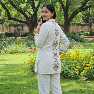 Women's <b>White</b> Embroidered Cotton Linen Co Ord <b>Set</b> Shirt Collar Three Quarter Sleeve Straight Pants Regular Fit Elegant Outfit - Product Image 5