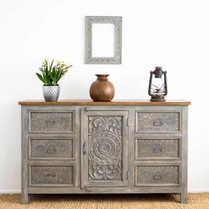Antique Luxury Solid Wood <b>Sideboard</b> with Floral Pattern Rustic Design <b>Storage</b> Furniture for Entryway and Living Room - Product Image 1
