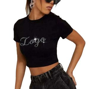 T-shirt court noir pour femme avec logo en strass, col rond, manches courtes, coupe ajustée, style club sexy, pour le printemps et l'été - Product Image 6