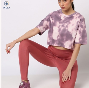 INDEX APPAREL Women's Tie Dye Crop <b>Top</b> O-Neck Short Sleeve Knitted Breathable Casual Spring Summer Wear - Product Image 1