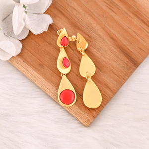 Natural <b>Red</b> Coral Brass Gold Plated Bezel Setting <b>Drop</b> <b>Earrings</b> Trendy Handmade Jewelry Shilpi Impex for Women - Product Image 5