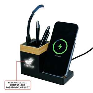 Bamboo Desktop Pen Holder with Wireless Charger Minimalist Office Organizer Rectangle Shape <b>Tabletop</b> Mount <b>Storage</b> Rack - Product Image 6