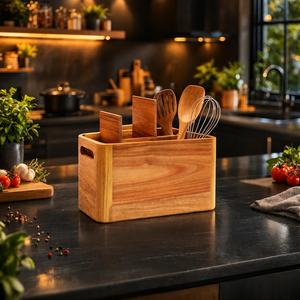 Acacia Wood Utensil Holder, Rustic <b>Kitchen</b> Cutlery Organizer, Wall Mount <b>Caddy</b> - Product Image 3
