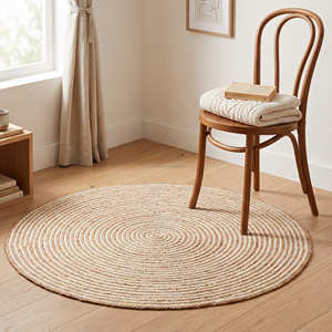 Navy Blue <b>Round</b> Braided Jute Rug, Handwoven Circular Floor Rug for Coastal Living Rooms - Product Image 3
