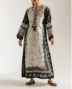 Robe Kaftan Indienne et Pakistanaise pour Femme, Longue, Ample, Imprimée Florale Noire, Brodée, Couleur Crème - Product Image 1
