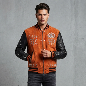 Custom <b>Suede</b> Varsity <b>Jacket</b> <b>Men</b> Real Leather Sleeves Rhinestone Crystal Studded Orange Black Baseball Bomber Streetwear Overcoat - Product Image 3