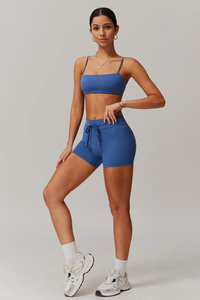 Custom Peacock Blue Ivanna Sports Bra Square Neckline <b>Spaghetti</b> <b>Straps</b> Breathable And High Impact Women's Gym Fitness Sports Bra - Product Image 6