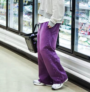 Pantalon de jogging unisexe en molleton de coton, coupe large, délavé à l'acide, style baggy évasé, avec strass, effet soleil éclairé, en toile, pour homme - Product Image 5