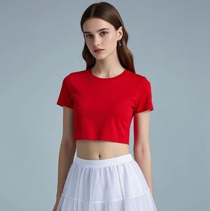 Customized Women Slim Fit <b>Crop</b> <b>Top</b> Stretchy Baby Tee Neck Embroidery Printed Fitness Cropped Mock Neck Style T-Shirt - Product Image 1