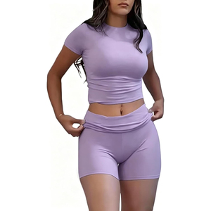 Women's <b>Red</b> Sporty 2-Piece Set Short Sleeve <b>Crop</b> <b>Top</b> High Waisted Shorts Solid Knitted Breathable Spring Summer - Product Image 3