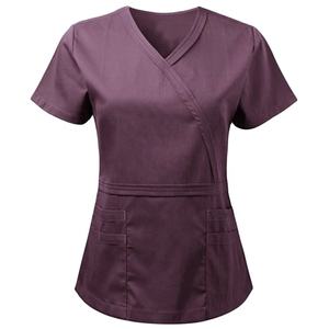 Women Medical Scrub Set Purple V-Neck Top With Pockets And Drawstring Pants Polyester Hospital Uniforms - Product Image 4