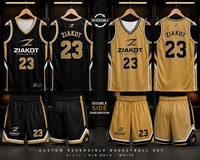 Seragam Basket Sublimasi Bolak-Balik Hitam Emas-Putih Dua Sisi Kustom Terlaris Industri Grosir Langsung