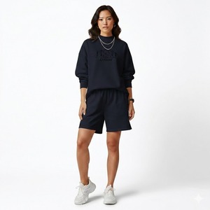 Conjunto Casual de Top con Cuello Alto y Shorts a Juego para Mujer, Corte Regular, Diseño Sólido con Relieve, Uso Diario de Invierno, Ecológico y Transpirable - Product Image 1