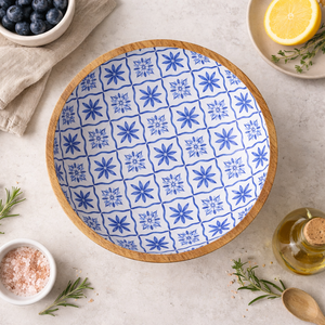 Vajilla de madera de mango con estampado de azulejos azules naturales, tazón con pedestal esmaltado para el hogar y la cocina, mesa ecológica con juegos de cubiertos. - Product Image 3