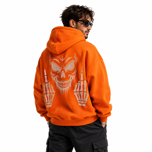 Sweat-shirt à capuche zippé surdimensionné pour homme, orange, avec strass imprimés, en coton épais, style streetwear décontracté - Product Image 4