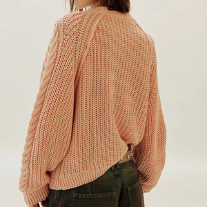 Hot Selling Women's Solid Color Cable Knit Lantern Sleeve Pullover Sweater Crew Neck Thick Acrylic Winter Casual Sweaters - Product Image 2