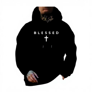 Sudadera con Capucha para Hombre, Inspirada en la Fe Cristiana, con Estampado de Cruz 'Blessed', Informal, de Forro Polar para Invierno, 100% Algodón, Bordada - Product Image 1