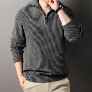 Pull en laine 100% pour homme, tricoté épais, avec fermeture éclair 1/4, col rabattu, couleur unie, vêtements d'hiver - Product Image 5