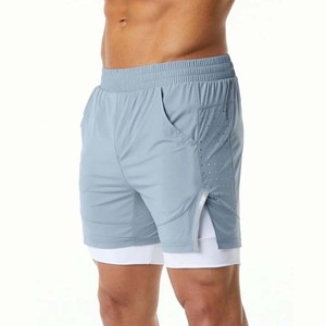 Men's Light Blue Quick Dry Sport Shorts With Pockets Elastic Waist <b>Mid</b> Length Solid Color Knitted Polyester - Product Image 4