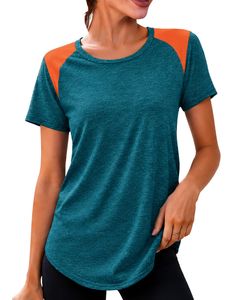 Customized Women Teal And Orange Quick Dry Sports T Shirt Breathable Lightweight Gym Running Athletic Activewear Tee <b>Top</b> - Product Image 1