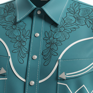 เสื้อเชิ้ตคาวบอยสไตล์ตะวันตกสำหรับผู้ชายสุดหรู ผ้าโพลีเอสเตอร์ 100% ทรงปกติ ป้องกันรอยยับ ปักลายดอกไม้ ติดกระดุมด้านหน้า มีโลโก้ แขนยาว - Product Image 5