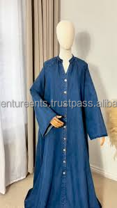 อาบายะผ้าเดนิมพรีเมียมสำหรับผู้หญิง ชุดเดรสยาวแบบเรียบร้อย สวมใส่สบาย สไตล์อิสลาม ทรงหลวมทันสมัย สีน้ำเงิน - Product Image 2