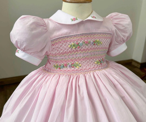 Hand Smock Light <b>pink</b> 100% Cotton Baby <b>Girls</b> <b>Dress</b> with Peter Pan Collar Cute Midi Length ODM Supply - Product Image 3