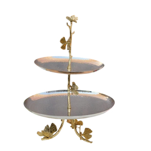 Hot Selling Marvelous Design 2 Tier Stainless Steel & Brass Cake Stand With Hammered Finish And Decorative Leaf For Party Events - Product Image 1