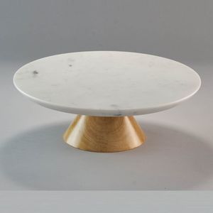 Natural White <b>Marble</b> & Acacia Wood Two-Tone <b>Cake</b> Pedestal Elegant Dessert Display <b>Stand</b> - Product Image 4