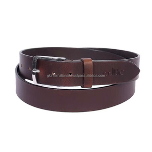 Ceinture décontractée en cuir pleine fleur marron avec logo personnalisé, faible MOQ, pour hommes et femmes, avec boucle élégante en alliage de nickel noir. - Product Image 4