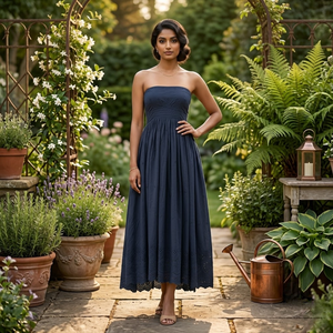 Robe maxi élégante bleu marine sans bretelles |   Robe de soirée d'été pour femme, style bohème, à broderie à œillets, coupe bandeau et taille froncée, idéale pour les vacances - Product Image 4