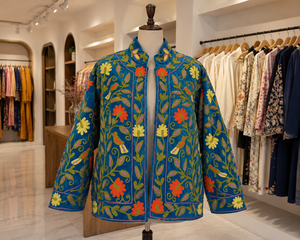 Women's Winter Blue Floral Embroidered Quilted Velvet Jacket 100% Cotton <b>Covered</b> <b>Button</b> Closure Eco-Friendly Windproof Festival - Product Image 4