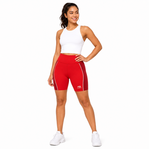 Shorts cycliste femme taille haute color block rouge bordeaux et blanc, logo personnalisé, extensible, pour gym, yoga, fitness, vêtements de sport, vente en gros - Product Image 3