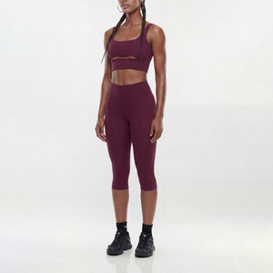 Legging Capri Taille Haute en Spandex et Nylon, Nouveau Design, pour Femme, Couleur Unie, Extensible, pour Yoga et Fitness, Bordeaux, Tricoté - Product Image 3
