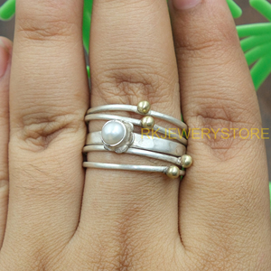 Natural Pearl <b>Ring</b> 925 Sterling <b>Silver</b> and Brass Handmade Statement <b>Ring</b> Multi Band <b>Stack</b> <b>Ring</b> Minimalist Pearl Jewelry Gift Her - Product Image 2