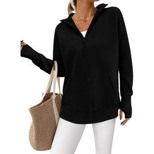 Pulls à col montant zippés à manches longues pour femmes, automne 2025, décontractés, amples, en tricot côtelé, avec trous pour les pouces, veste d'automne - Product Image 4