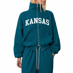 Soft Cotton Zip Up Front Cropped Sweatshirt Women High Collar Loose Fit Cotton Fleece Tracksuit Sporty Two Piece <b>Set</b> Bulk Order - Product Image 3