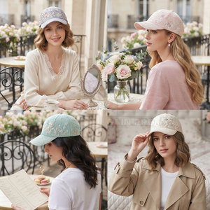 Women Lace Baseball <b>Hat</b> With Decorative Embroidery Rhinestone Accents Breathable Lace Panels Strap Outdoor <b>Summer</b> Style - Product Image 4