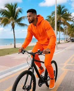 Men's <b>Orange</b> Hooded Tracksuit Full Sleeve Solid Color Casual 100% Cotton Breathable Regular Fit Autumn Wear - Product Image 5