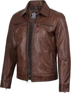 Chaqueta de Motociclista de Cuero Genuino Marrón para Hombre, Cuello Camisero, Cierre de Cremallera, Color Sólido, Largo Regular, para Otoño - Product Image 2