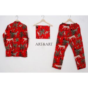 Conjunto de Pijama Corto Elegante para Mujer, Primavera-Verano, Uso Diario, Algodón Íntimo, Transpirable, Suave, de Alta Calidad, Estampado a Mano, Estilo Hippie - Product Image 4