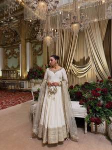 Ivory Embroidered Anarkali Gown With Dupatta Floor Length Traditional <b>Wedding</b> <b>Dress</b> Thread Sequence Work Top Pant Floor-Length - Product Image 1