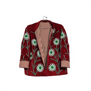 Luxury Red <b>Velvet</b> Women's <b>Jacket</b> with Handmade Floral Embroidery | Boho Style Winter Coat | Premium Kashmiri Aari Work Outerwear - Product Image 3
